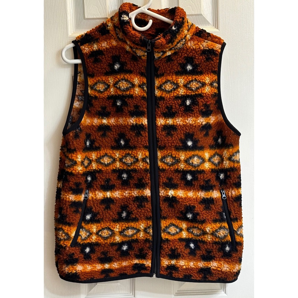 Sabrina Lauren Orange Sherpa Fleece Vest Southwestern Aztec Print Womens Medium
